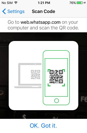 在 iPhone 上扫描 WhatsApp QR 代码选项