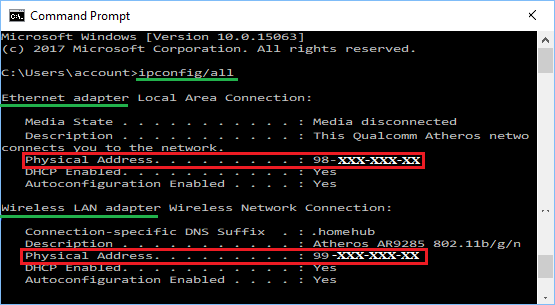 Windows 10 命令提示符窗口中 WiFi 和以太网的 MAC 地址