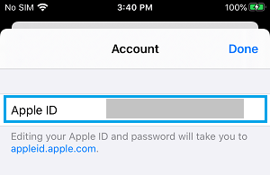 帐户屏幕上的 Apple ID