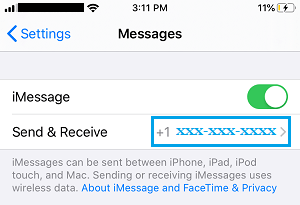 iMessages 设置屏幕上的电话号码