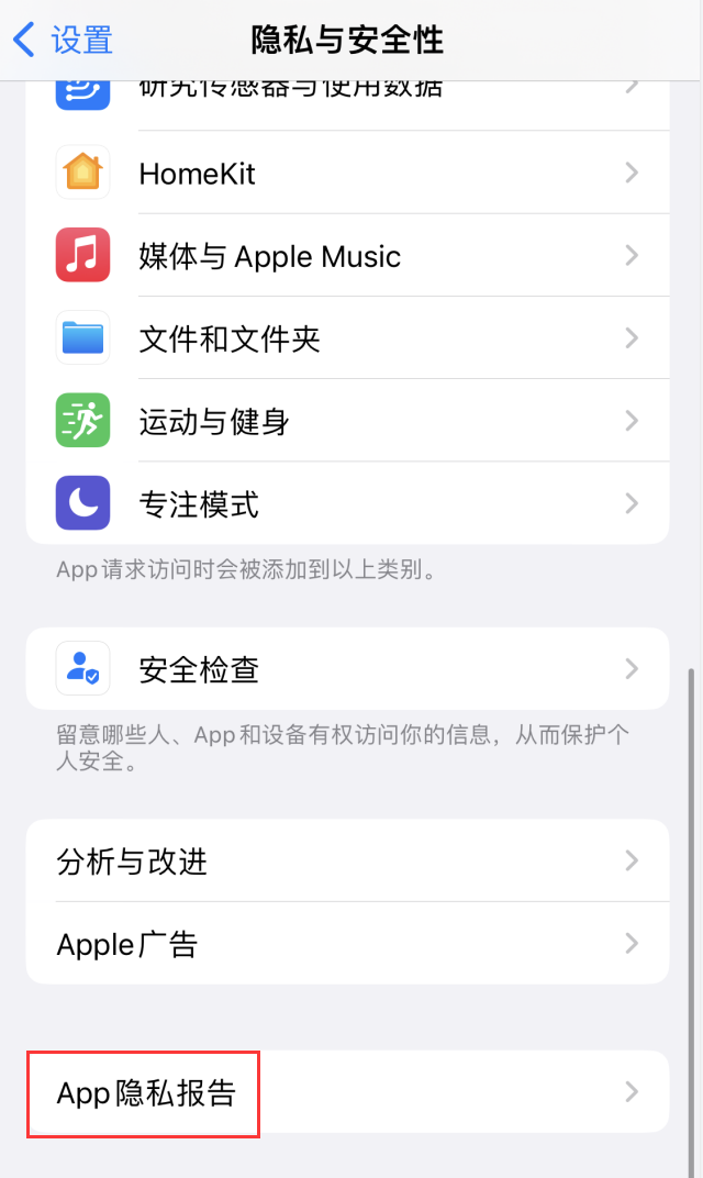 如何在 iPhone 上启用“App 隐私报告”？