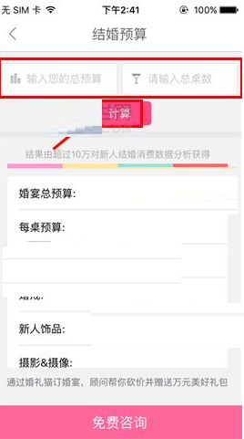 在婚礼猫里咨询结婚预算的简单操作截图